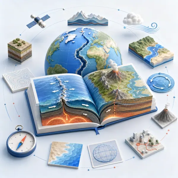 Tektonika płyt z napędem w płaszczu, trzy typy granic (rozbieżne, zbieżne, przesuwcze), subdukcja i kolizja; subdukuje litosfera oceaniczna, magma powstaje przez odwadnianie płyty, a typ granicy rozpoznaje pas zjawisk, nie jeden punkt.
