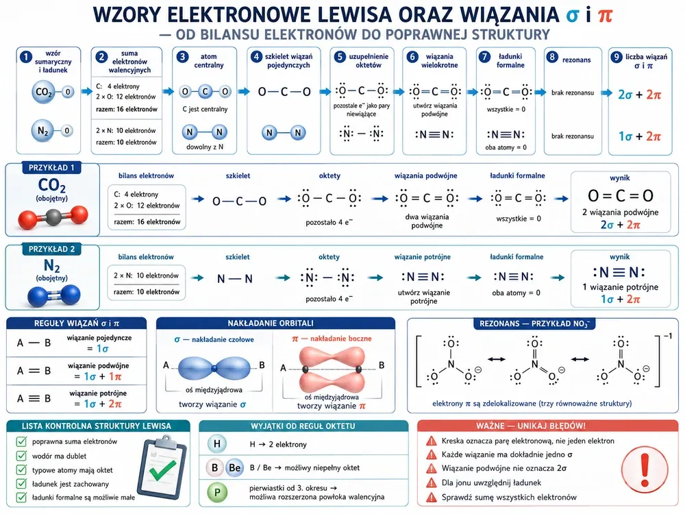 Wzory elektronowe Lewisa i wiązania σ, π — od bilansu elektronów przez oktety i wiązania wielokrotne po zliczanie σ/π, z rezonansem NO₃⁻