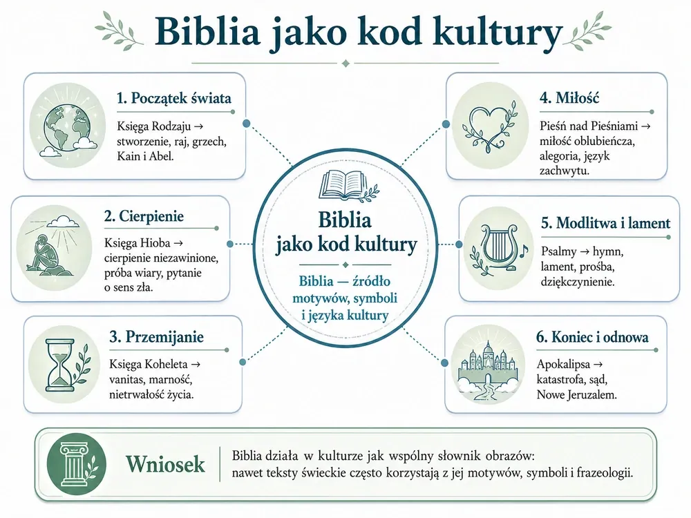 Biblia jako kod kultury: początek świata (Rodzaju), cierpienie (Hiob), przemijanie (Kohelet), miłość (Pieśń nad Pieśniami), modlitwa i lament (Psalmy), koniec i odnowa (Apokalipsa)