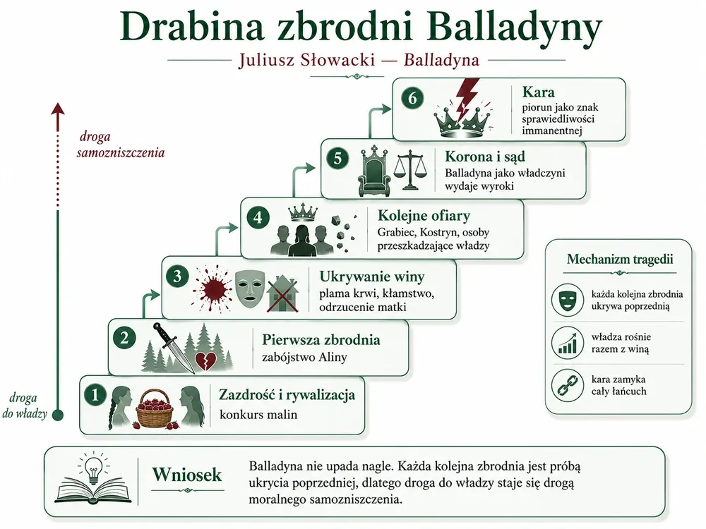 Drabina zbrodni Balladyny: od rywalizacji o maliny i zabójstwa Aliny, przez ukrywanie winy i kolejne ofiary, po koronę, sąd nad sobą i karę pioruna (sprawiedliwość immanentna)