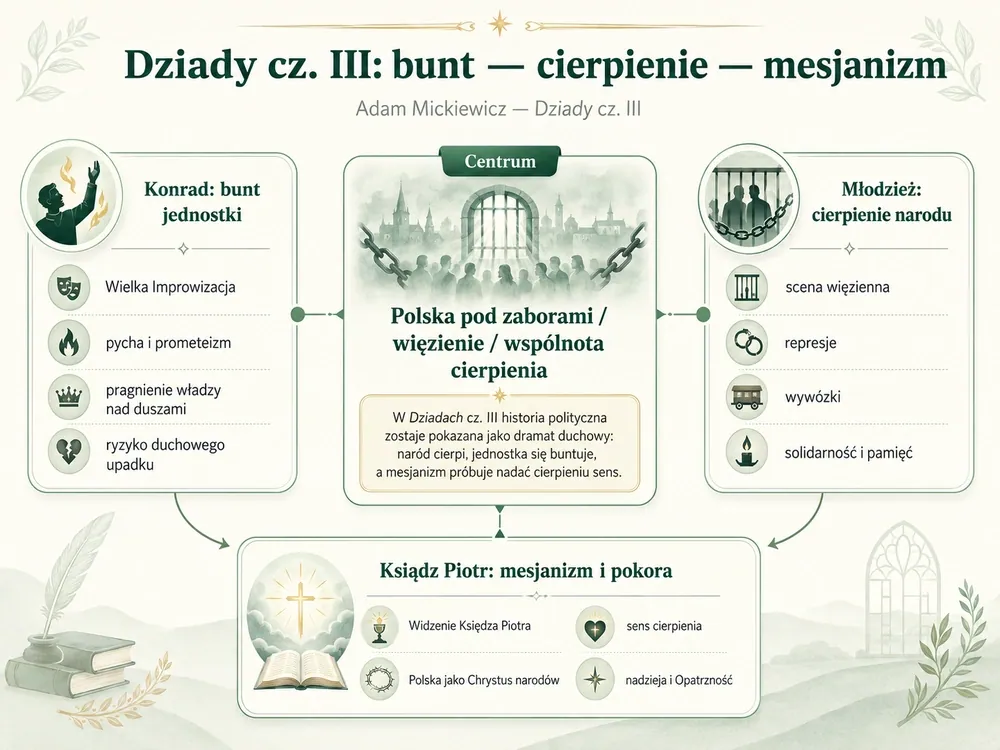 Dziady cz. III: w centrum Polska pod zaborami i więzienie; oś 1 — Konrad: bunt jednostki (Wielka Improwizacja, pycha, prometeizm); oś 2 — młodzież: cierpienie narodu (sceny więzienne, represje, wywózki); oś 3 — Ksiądz Piotr: mesjanizm i pokora (Widzenie, Polska Chrystusem narodów)