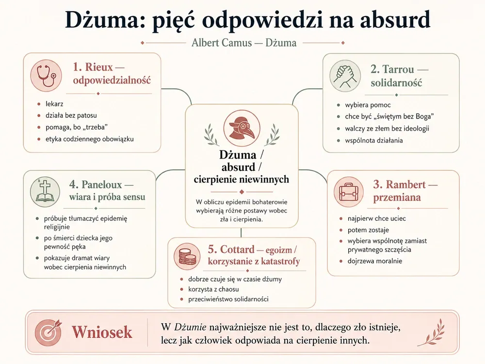 Dżuma: pięć odpowiedzi na absurd — Rieux (odpowiedzialność, etyka obowiązku), Tarrou (solidarność, świętość bez Boga), Rambert (przemiana od ucieczki do wspólnoty), Paneloux (wiara wystawiona na próbę), Cottard (egoizm, korzystanie z katastrofy)