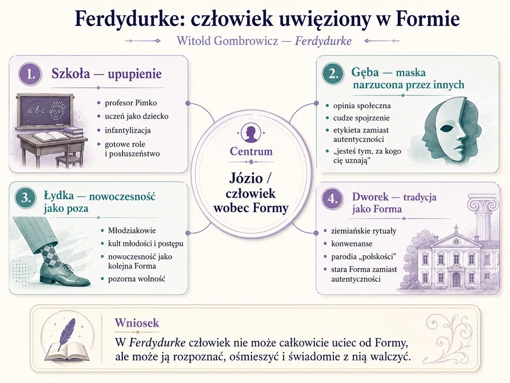 Ferdydurke: człowiek uwięziony w Formie — szkoła (upupienie, Pimko), gęba (maska narzucona przez innych), łydka i Młodziakowie (nowoczesność jako poza), dworek (tradycja jako Forma); w centrum Józio wobec Formy