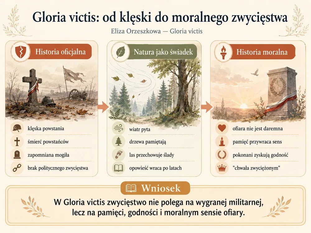 Gloria victis: historia oficjalna (klęska powstania, śmierć powstańców, zapomniana mogiła) — natura jako świadek (wiatr pyta, drzewa pamiętają, opowieść wraca po latach) — historia moralna (ofiara nie jest daremna, pamięć przywraca sens, chwała zwyciężonym)