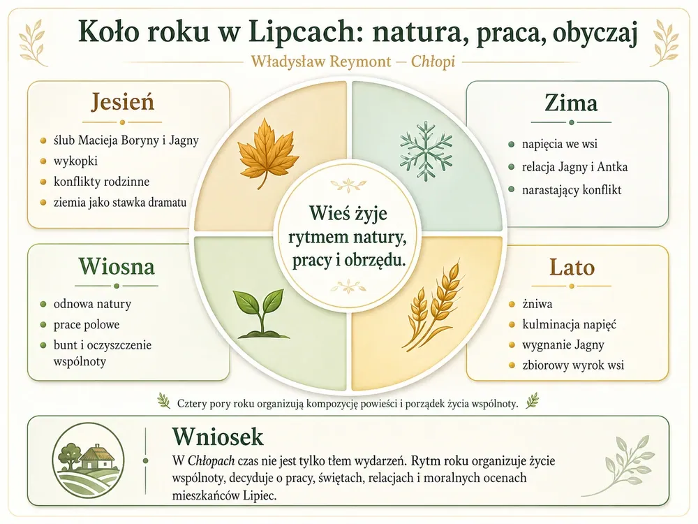 Koło roku w Lipcach: jesień (ślub, wykopki, konflikt o ziemię), zima (napięcia, Jagna i Antek), wiosna (odnowa, prace polowe, bunt), lato (żniwa, śmierć Macieja, wygnanie Jagny); w centrum: wieś żyje rytmem natury, pracy i obrzędu