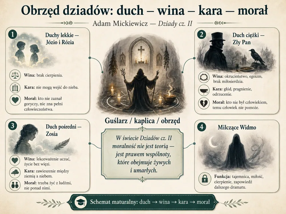 Obrzęd dziadów: w centrum Guślarz i obrzęd; wokół duchy lekkie (Józio i Rózia — brak cierpienia), duch ciężki (Zły Pan — okrucieństwo), duch pośredni (Zosia — życie bez więzi) i Milczące Widmo (tajemnica, miłość); każdy z winą, karą i morałem