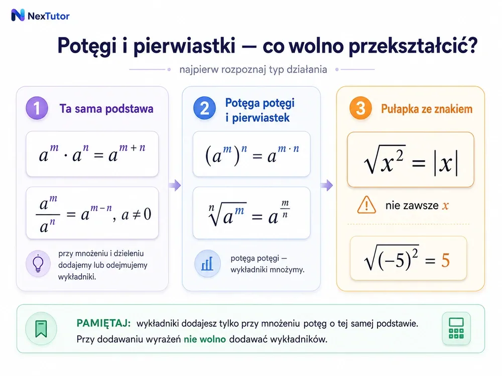 Mapa reguł potęg i pierwiastków — aᵐ·aⁿ=aᵐ⁺ⁿ, aᵐ/aⁿ=aᵐ⁻ⁿ, (aᵐ)ⁿ=aᵐⁿ, ⁿ√(aᵐ)=aᵐ/ⁿ oraz pułapka √(x²)=|x|