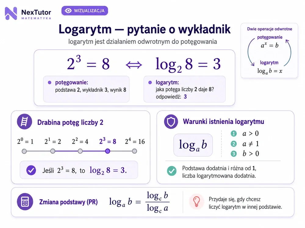 Logarytm jako odwrotność potęgowania — 2³=8 ⟺ log₂8=3, drabina potęg 2⁰..2⁴, warunki a>0, a≠1, b>0 oraz wzór zmiany podstawy