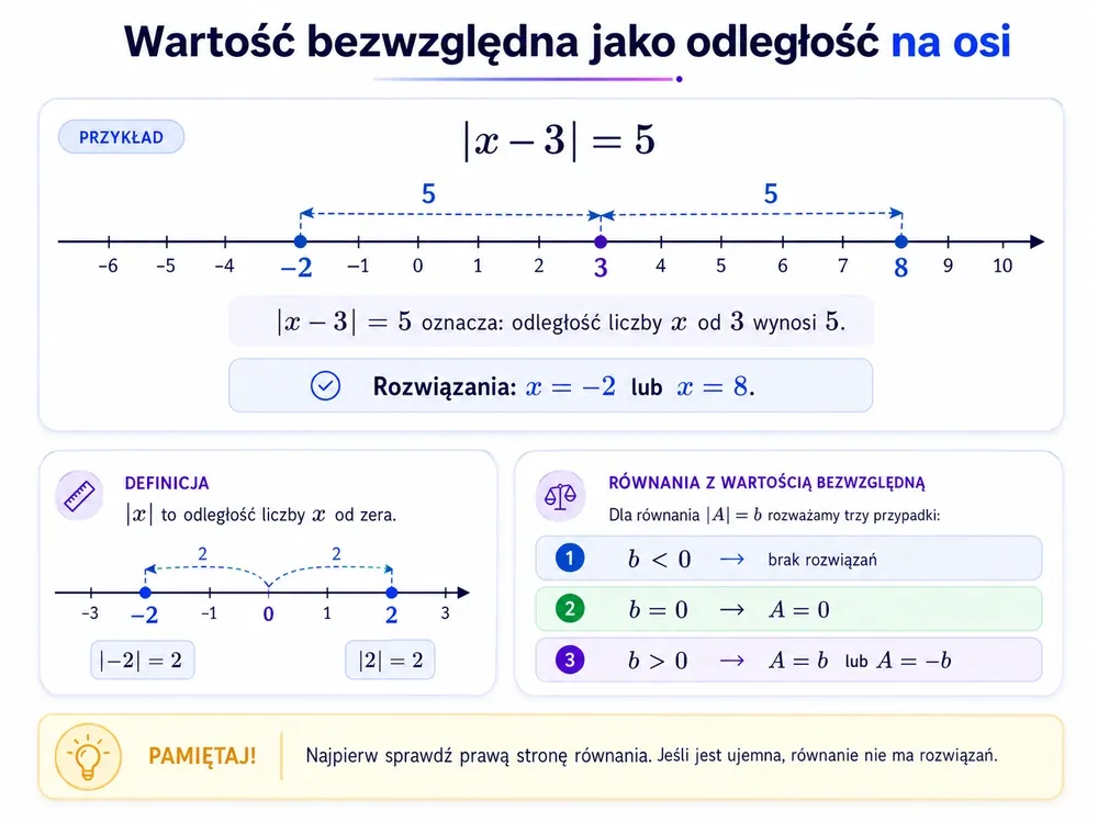 Oś liczbowa z |x−3|=5 — punkty x=−2 i x=8 oddalone od 3 o 5, oraz panel |A|=b dla b<0, b=0, b>0