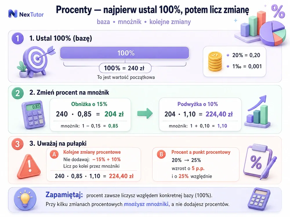 Pasek 100%=240 zł, po obniżce 15% 240·0,85=204 zł, po podwyżce 10% 204·1,10=224,40 zł oraz ostrzeżenie −15%+10%≠−5% i p.p. ≠ %