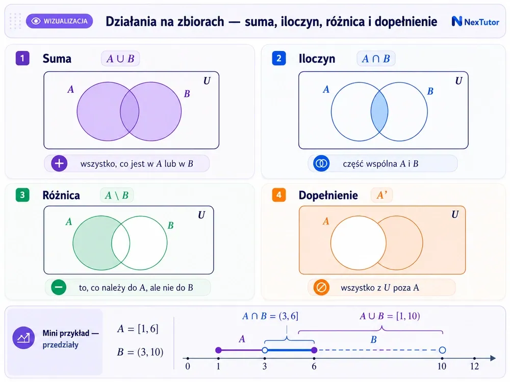Cztery diagramy Venna — suma A∪B, iloczyn A∩B, różnica A∖B i dopełnienie A′ w uniwersum U, oraz mini-przykład na przedziałach A∩B=(3,6]