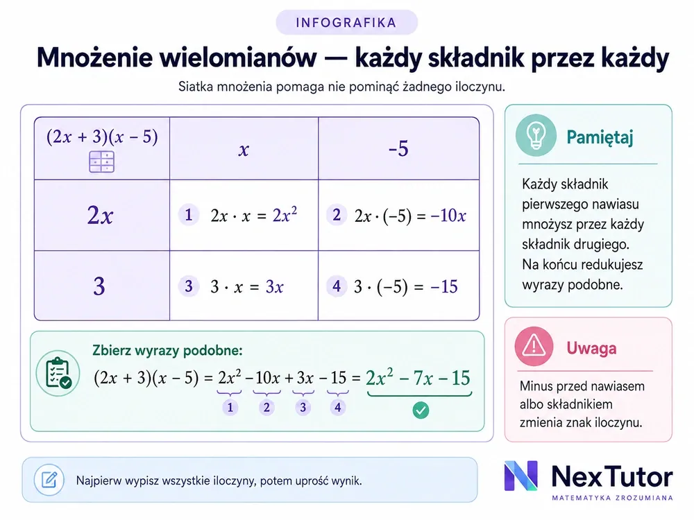 Siatka mnożenia (2x+3)(x−5) — 2x·x=2x², 2x·(−5)=−10x, 3·x=3x, 3·(−5)=−15, redukcja do 2x²−7x−15