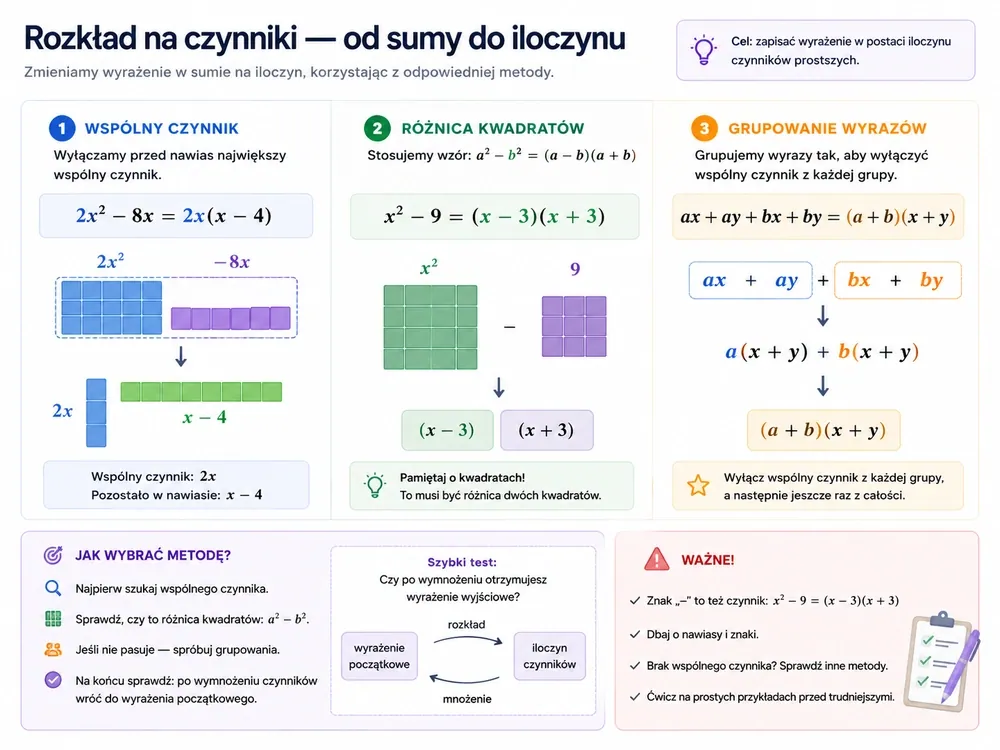 Plansza trzech metod rozkładu — wspólny czynnik 2x²−8x=2x(x−4), różnica kwadratów x²−9=(x−3)(x+3), grupowanie ax+ay+bx+by=(a+b)(x+y)