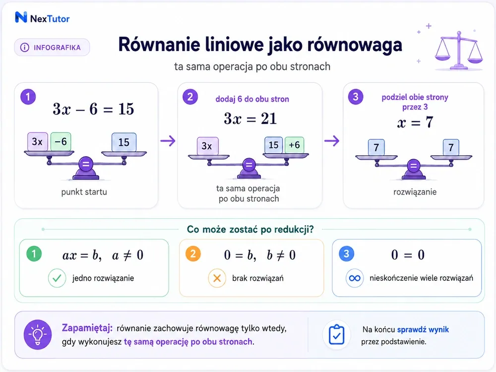 Diagram wagi — równanie 3x−6=15, dodanie 6 do obu stron daje 3x=21, podzielenie przez 3 daje x=7, oraz panel ax+b=0 z trzema przypadkami