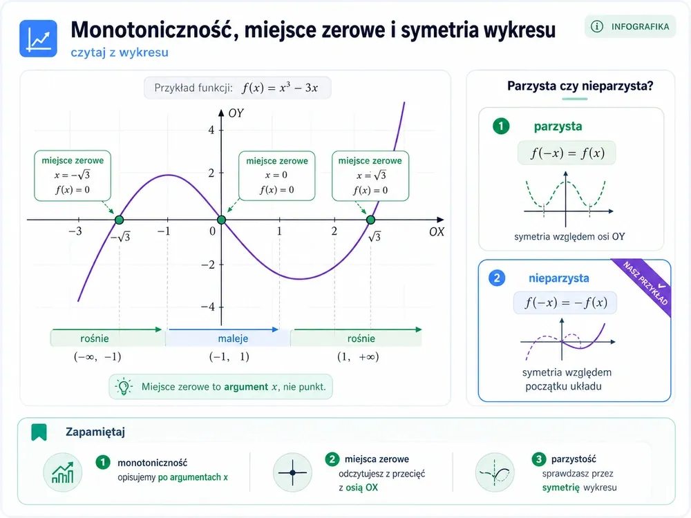 Wykres funkcji z przedziałami rośnięcia i malenia, miejscem zerowym na osi OX oraz mini-panelem funkcji parzystej i nieparzystej