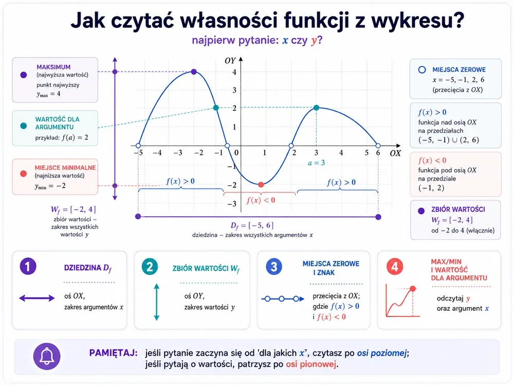 Wykres funkcji z oznaczoną dziedziną, zbiorem wartości, miejscami zerowymi, znakiem funkcji oraz maksimum i minimum