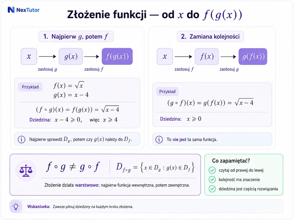 Diagram złożenia funkcji — x→g(x)→f(g(x)) i osobno x→f(x)→g(f(x)) dla f(x)=√x, g(x)=x−4, z dziedzinami
