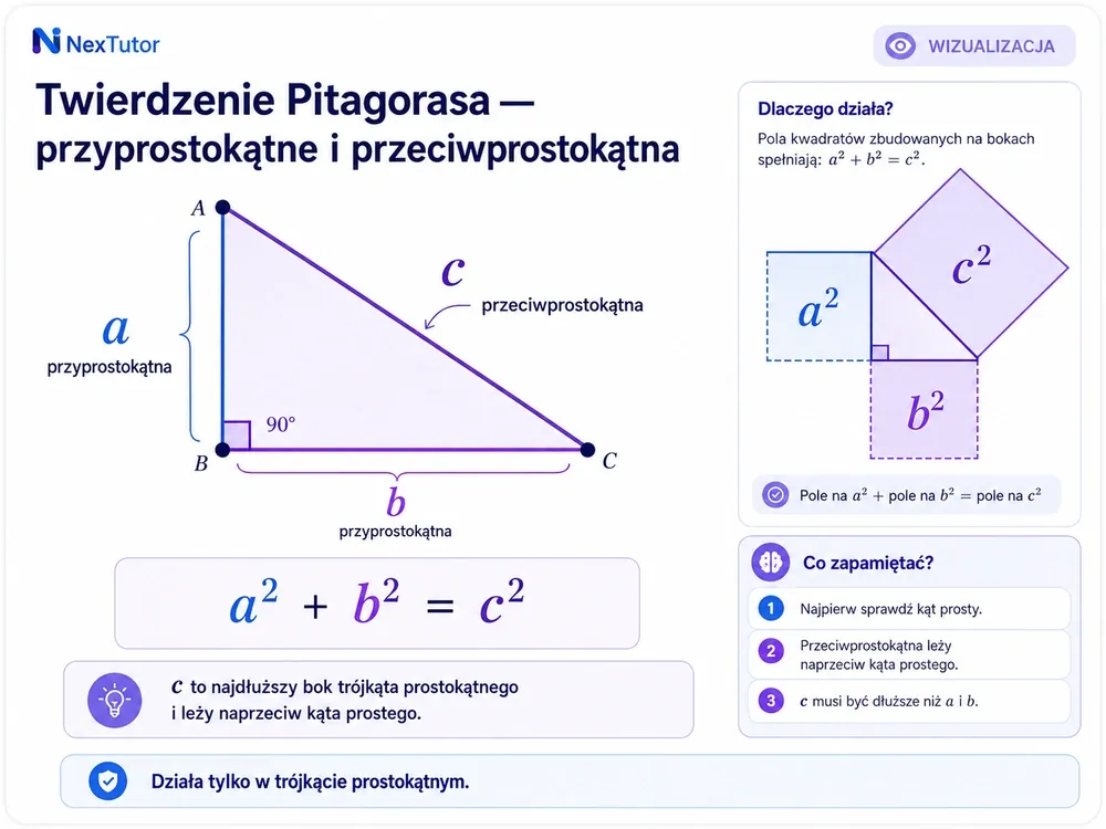 Trójkąt prostokątny z przyprostokątnymi a i b, przeciwprostokątną c naprzeciw kąta prostego oraz kwadratami a², b², c² na bokach