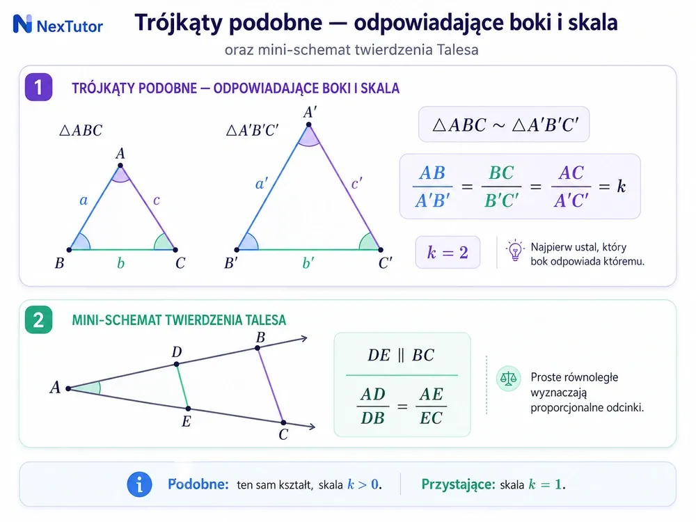 Dwa trójkąty podobne ABC i A′B′C′ z odpowiadającymi bokami i kątami oraz mini-panel Talesa DE∥BC
