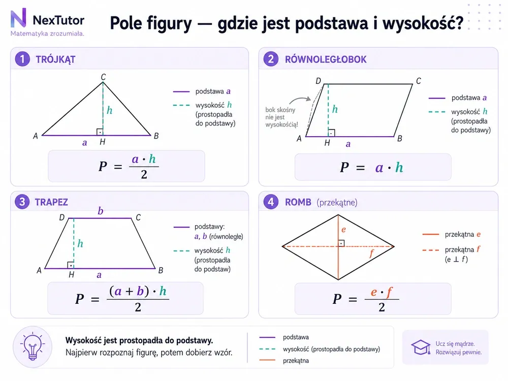 Plansza 4 figur z polami — trójkąt P=a·h/2, równoległobok P=a·h, trapez P=(a+b)·h/2, romb P=e·f/2 z zaznaczonymi wysokościami