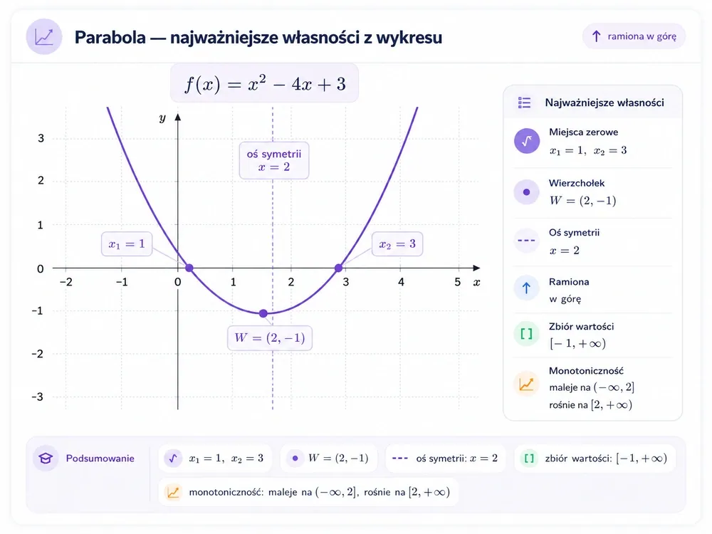 Parabola y=x²−4x+3 w górę z miejscami zerowymi x=1 i x=3, wierzchołkiem W=(2,−1), osią symetrii x=2 i zbiorem wartości [−1,∞)