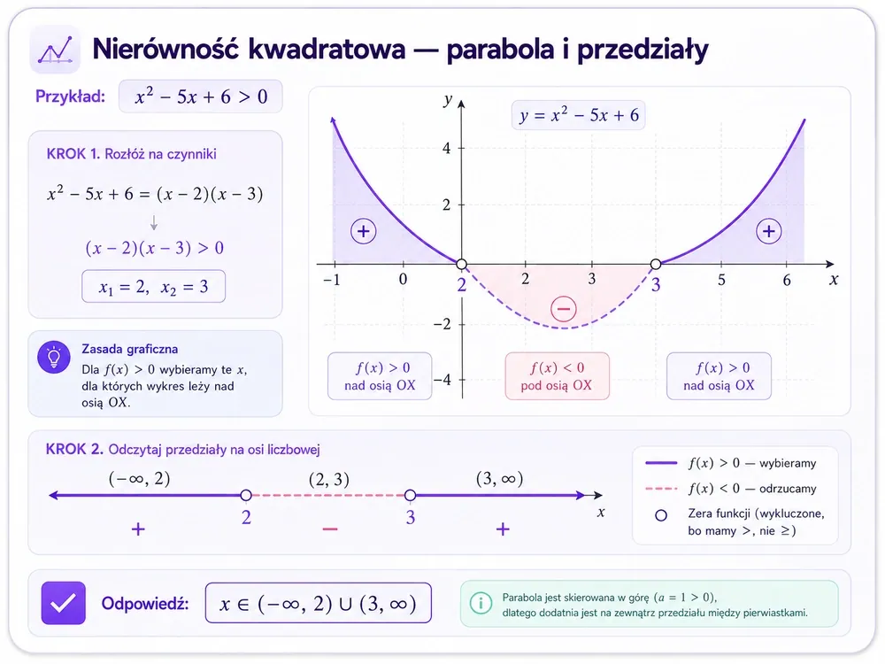 Parabola y=x²−5x+6 z miejscami zerowymi 2 i 3, fragmenty nad osią OX i oś liczbowa z przedziałami rozwiązania