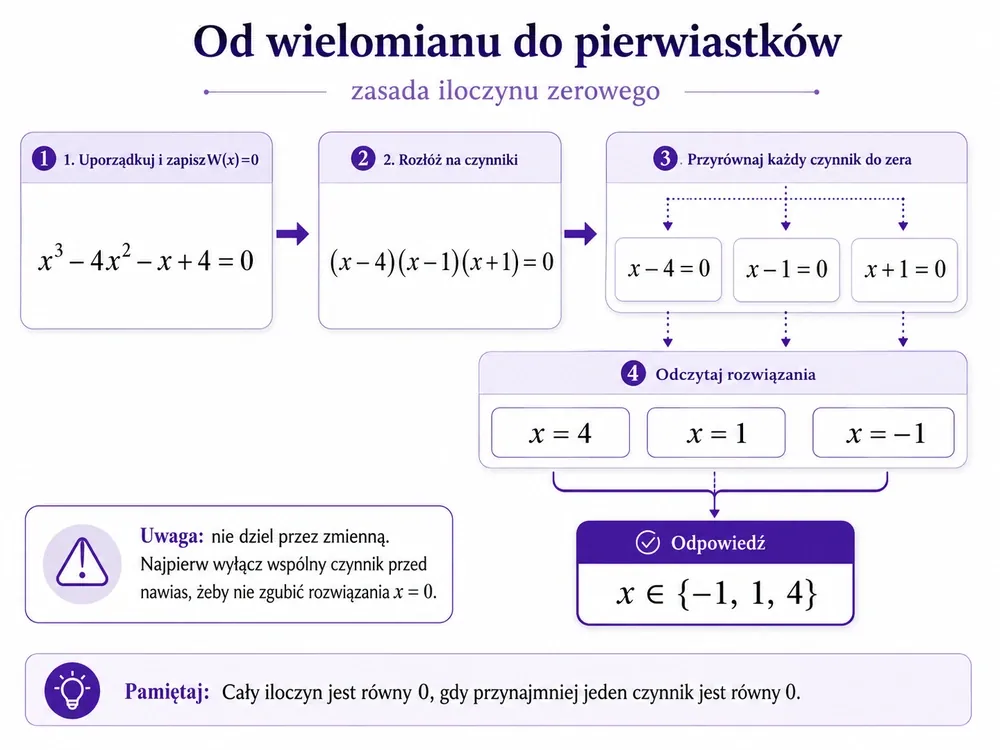 Schemat "Od wielomianu do pierwiastków" (zasada iloczynu zerowego) — x³−4x²−x+4=0 rozkładamy na (x−4)(x−1)(x+1)=0, przyrównujemy każdy czynnik do zera (x−4=0, x−1=0, x+1=0) i odczytujemy rozwiązania x należy do {−1,1,4}; uwaga: nie dziel przez zmienną, wyłącz wspólny czynnik