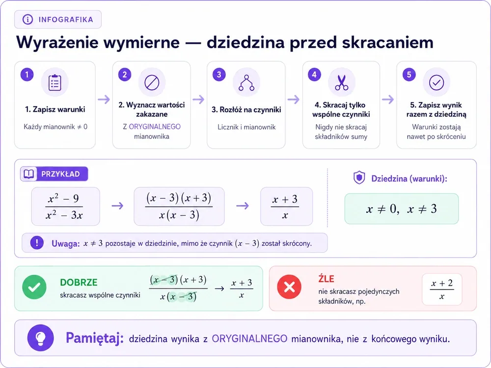 Schemat: oryginalny mianownik → wartości zakazane → rozkład na czynniki → skracanie → wynik z dziedziną