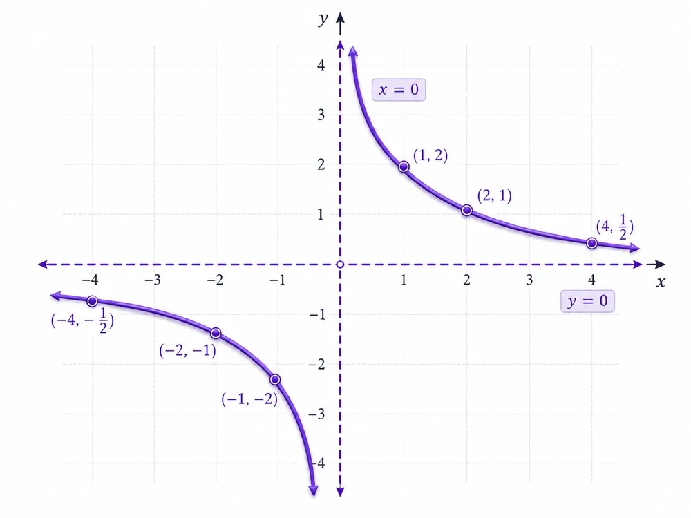 Wykres hiperboli f(x)=4/x z dwiema gałęziami w I i III ćwiartce oraz asymptotami x=0 i y=0