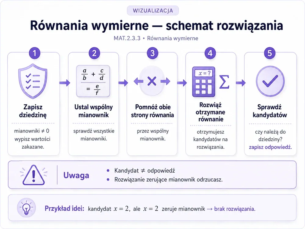 Schemat rozwiązywania równań wymiernych: dziedzina, wspólny mianownik, kandydaci i sprawdzenie