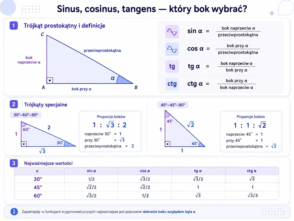 Trójkąt prostokątny z kątem α, bokiem naprzeciw, bokiem przy i przeciwprostokątną oraz trójkąty specjalne 30-60-90 i 45-45-90 z wartościami funkcji
