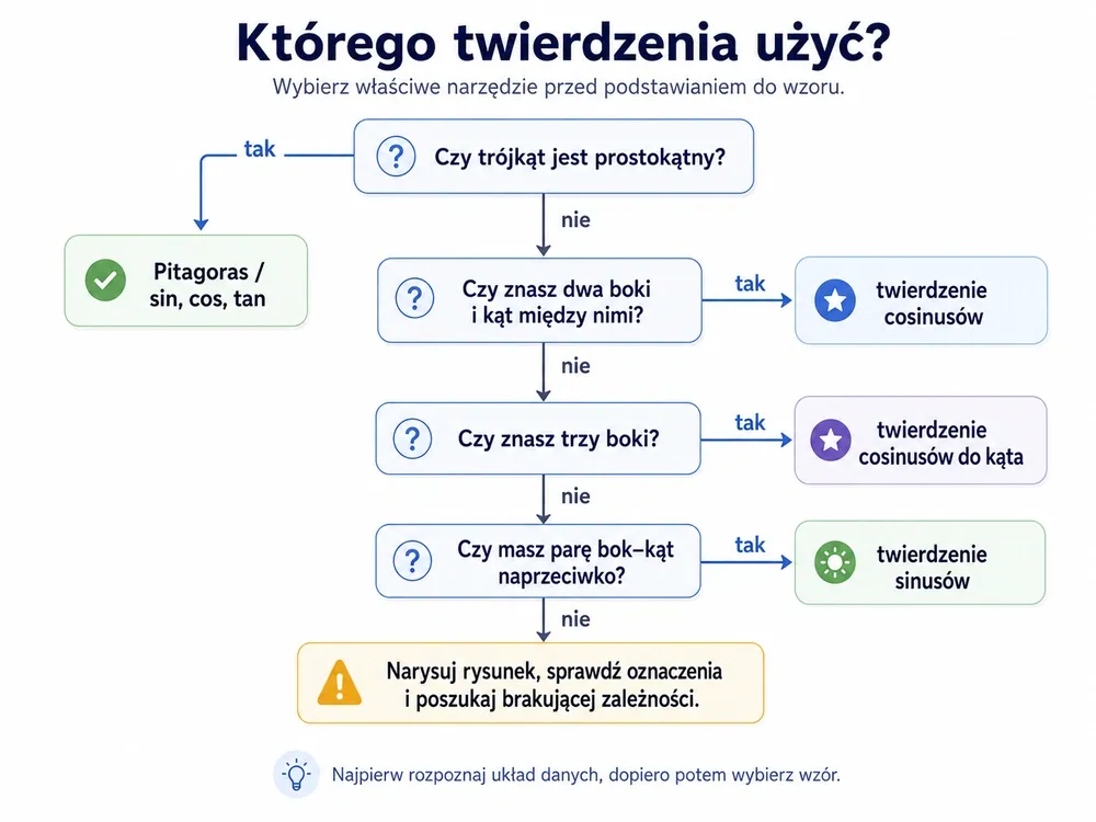 Drzewo decyzji — prostokątny? Pitagoras/sin-cos-tg; dwa boki i kąt między nimi? cosinusów; trzy boki? cosinusów do kąta; para bok-kąt naprzeciwko? sinusów