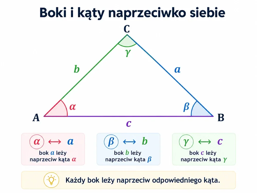 Trójkąt ABC z bokami a, b, c i kątami α, β, γ — pary naprzeciwległe a↔α, b↔β, c↔γ oznaczone kolorami