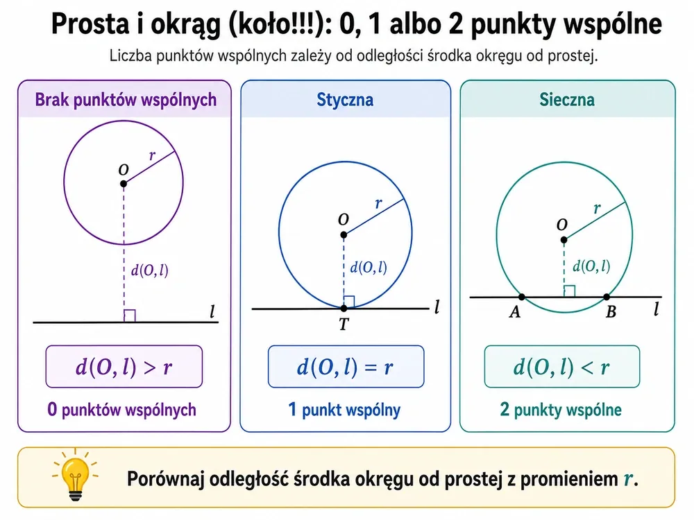 Trzy okręgi z prostą — d>r brak punktów, d=r styczna jeden punkt, d<r sieczna dwa punkty