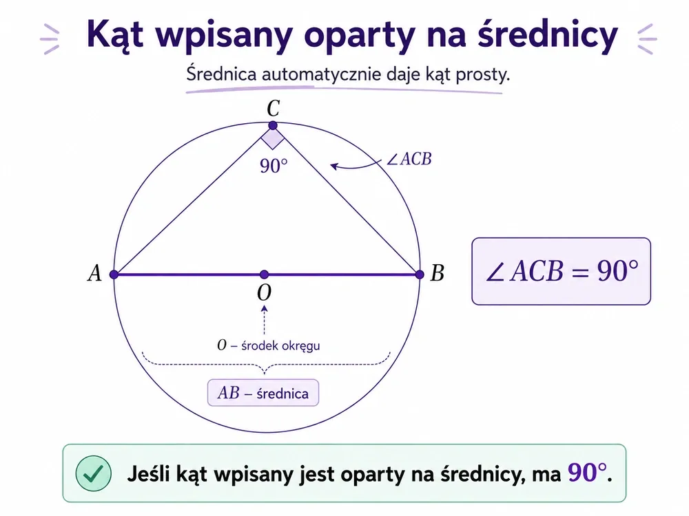 Okrąg ze średnicą AB i punktem C na okręgu, kąt wpisany ACB równy 90 stopni