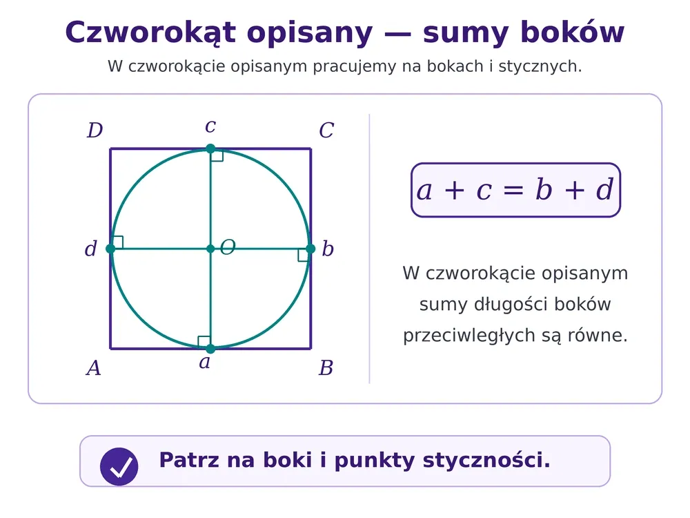 Czworokąt opisany na okręgu, punkty styczności, boki a b c d, promienie prostopadłe do boków, a+c=b+d