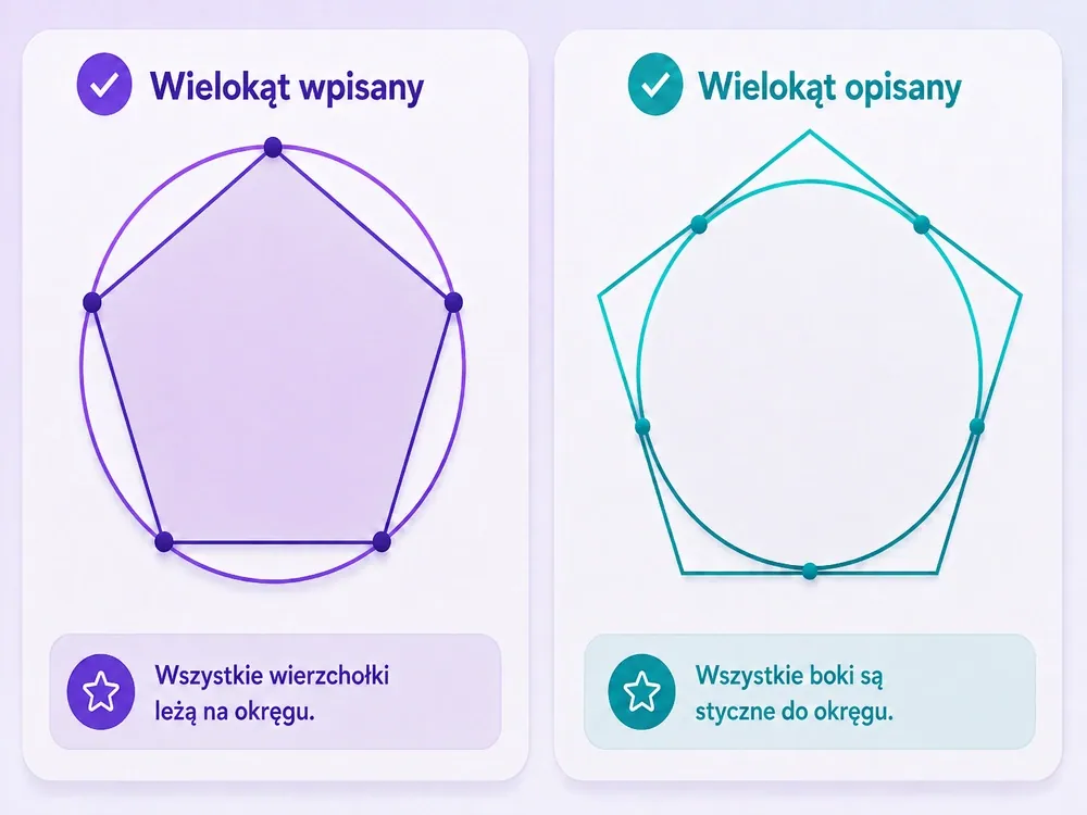 Dwa diagramy — czworokąt wpisany (wierzchołki na okręgu) i czworokąt opisany (boki styczne do okręgu)