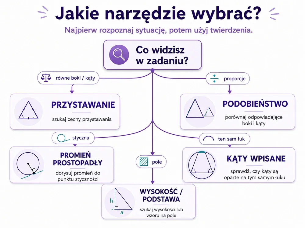 Drzewo decyzji narzędzi dowodu — przystawanie, podobieństwo, styczna, kąty wpisane, pole