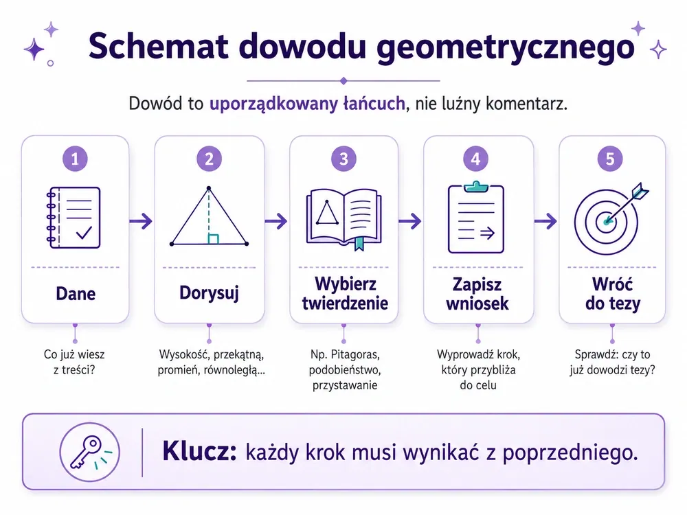 Schemat dowodu geometrycznego — dane, dorysuj, wybierz twierdzenie, zapisz wniosek, wróć do tezy