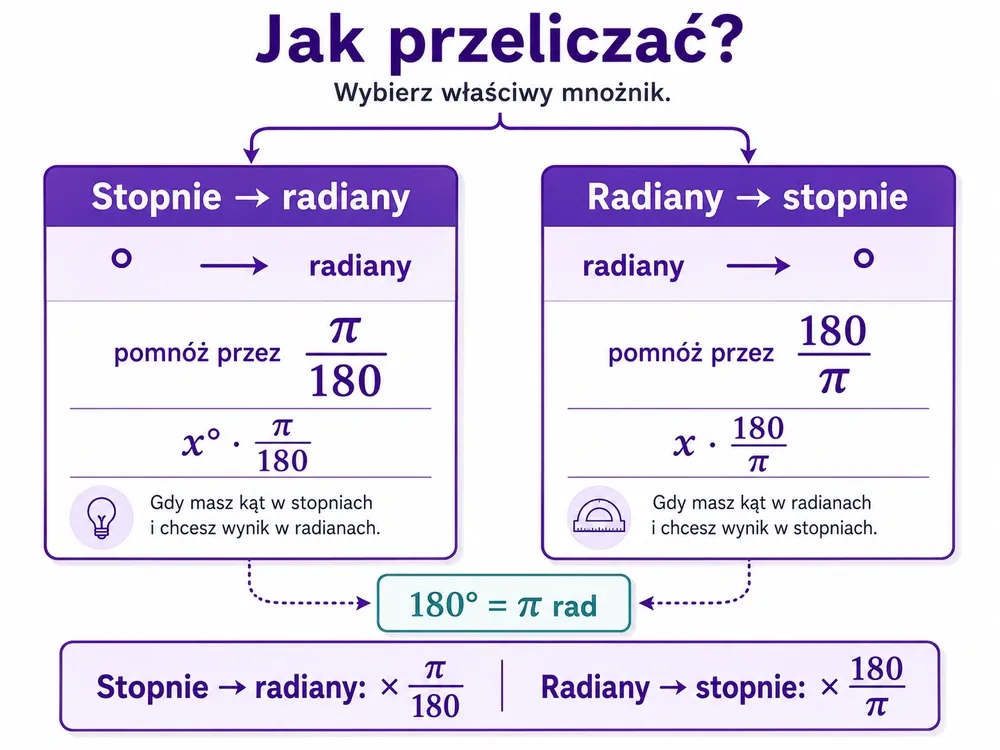 Schemat przeliczania — stopnie na radiany razy π/180, radiany na stopnie razy 180/π