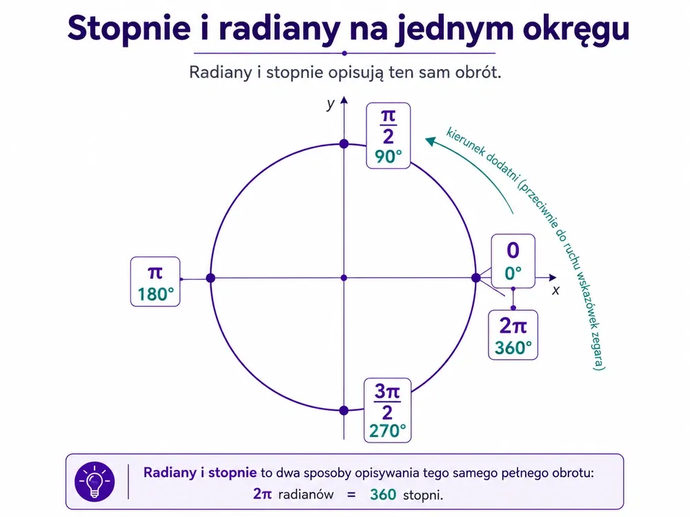 Okrąg jednostkowy z oznaczeniami 0, π/2, π, 3π/2, 2π i odpowiadającymi 0°, 90°, 180°, 270°, 360°