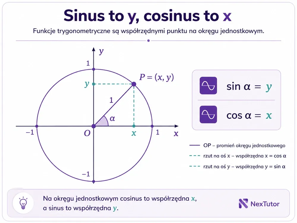 Okrąg jednostkowy z osiami x, y, punktem P=(x,y), promieniem OP i rzutami na osie — cos α=x, sin α=y