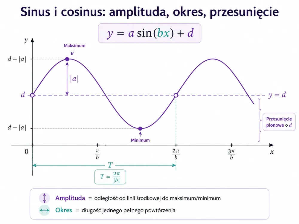 Wykres sinusoidy z zaznaczonym maksimum, minimum, linią środkową y=d, amplitudą |a| i jednym okresem T