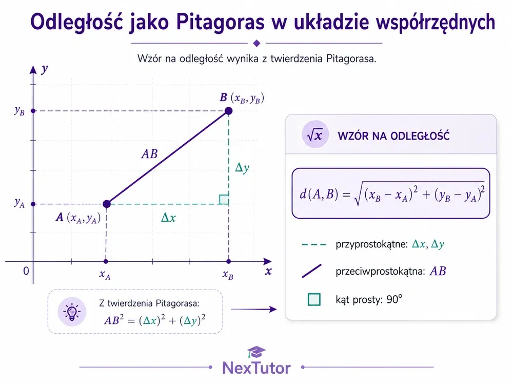 Punkty A, B, odcinek AB i dorysowany trójkąt prostokątny z przyprostokątnymi Δx, Δy