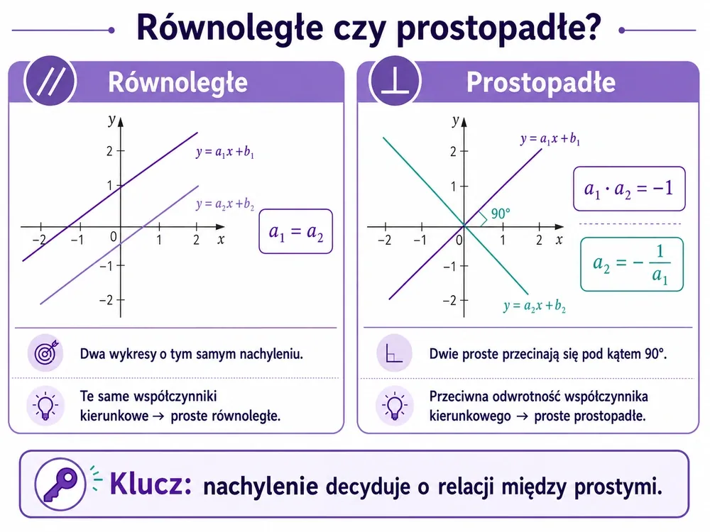 Dwie karty — równoległe (to samo nachylenie) i prostopadłe (kąt 90°, a2=−1/a1)