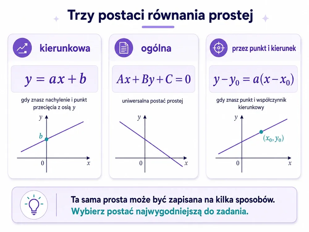 Trzy karty z postaciami prostej — kierunkowa y=ax+b, ogólna Ax+By+C=0, przez punkt y−y0=a(x−x0)