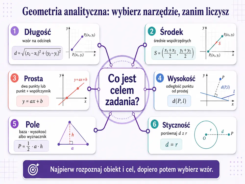 Drzewo decyzyjne — w centrum pytanie "Co jest celem zadania?", gałęzie: długość → wzór na odcinek, środek → średnie współrzędnych, prosta → dwa punkty lub punkt i współczynnik, wysokość → odległość punktu od prostej, pole → podstawa-wysokość albo wyznacznik, styczność → porównaj d z r