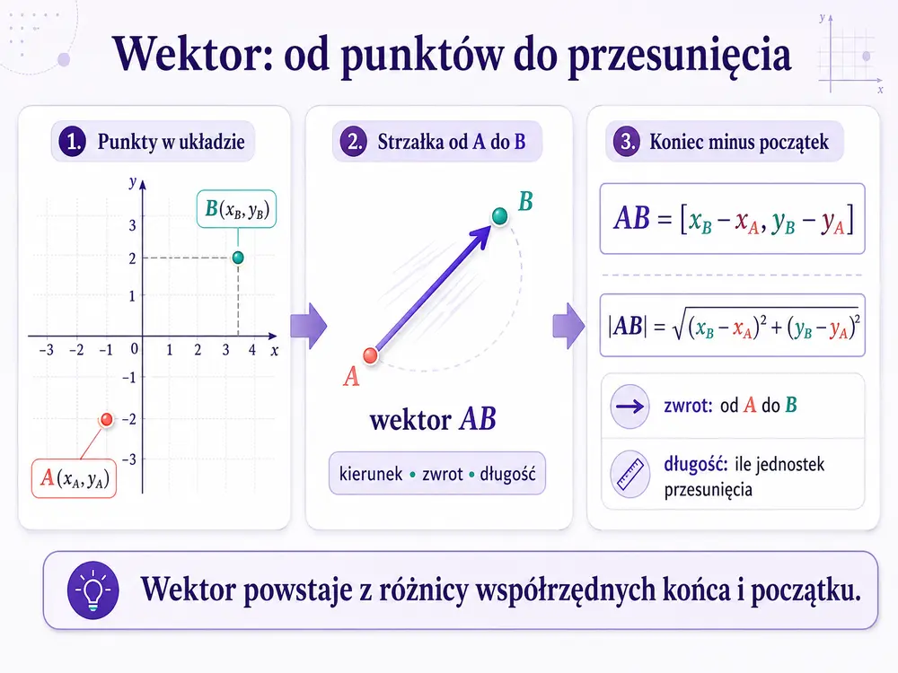 Trzy etapy — po lewej punkty A i B w układzie współrzędnych, w środku strzałka wektora AB od A do B, po prawej karta ze wzorem [x_B−x_A, y_B−y_A] oraz wzorem na długość