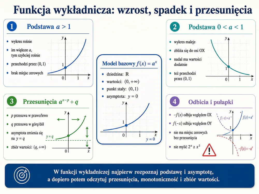 Schemat funkcji wykładniczej — model bazowy w centrum, cztery panele: a>1, 0<a<1, przesunięcia, odbicia i pułapki