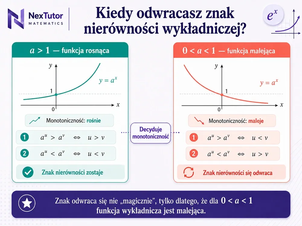 Dwa miniwykresy — po lewej a>1 funkcja rosnąca (znak zostaje), po prawej 0<a<1 funkcja malejąca (znak się odwraca); pod spodem reguły porównywania wykładników